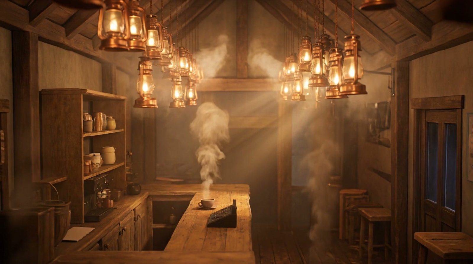 Comptoir en bois éclairé par des lanternes chaudes, tasse de café fumante