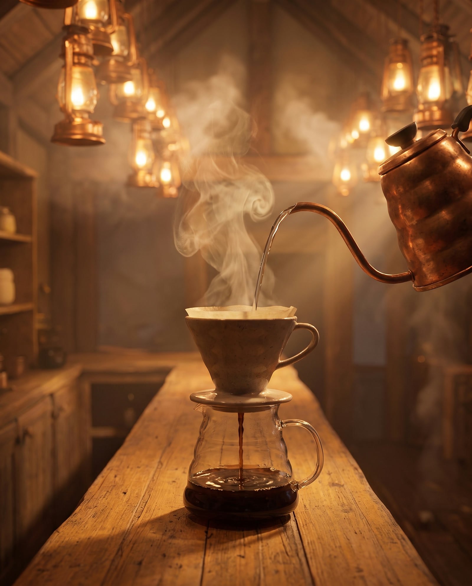 Café filtre versé lentement dans un dripper en céramique